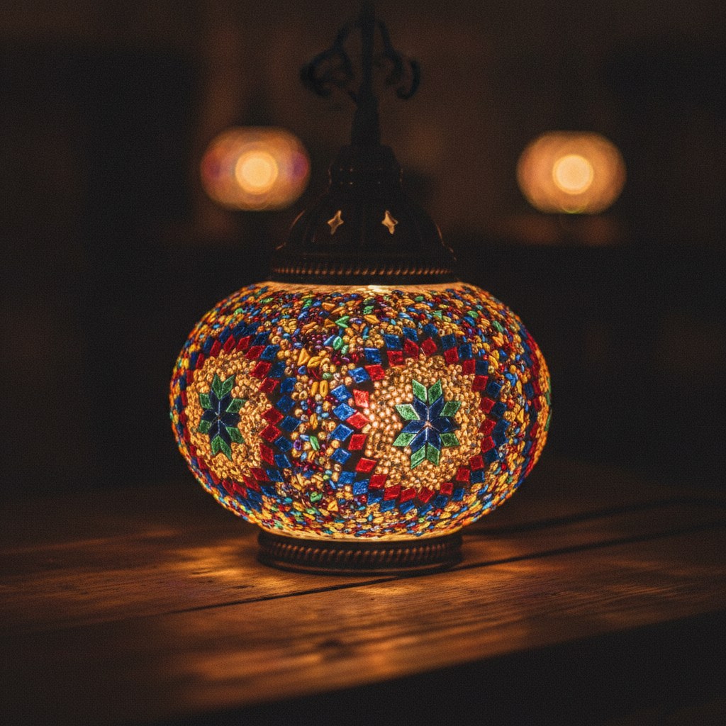 Kehribar ve gül moru tonlarında mozaik masa lambası